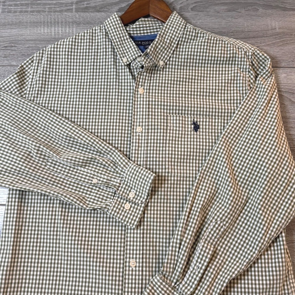 U.S. Polo Assn Button Down Mens XL Green Gingham Excellent Long Sleeve Cotton